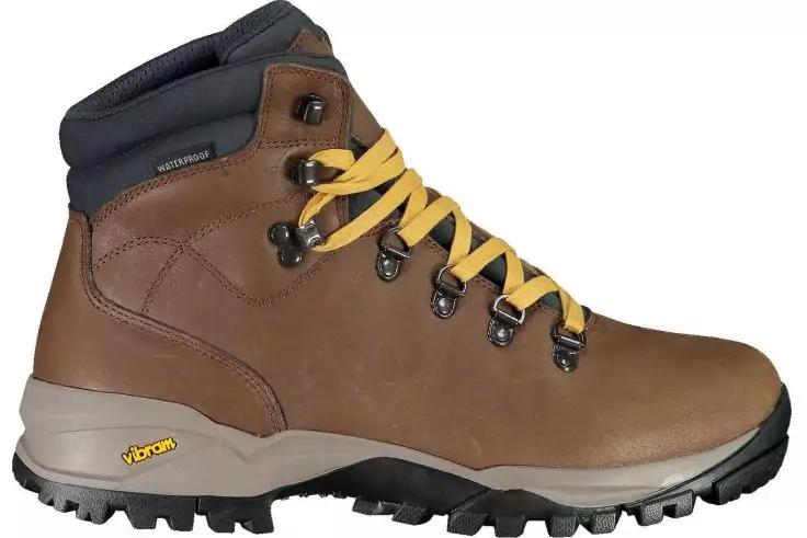 Brauner Leder-Wanderstiefel, Seitenansicht nach rechts, gelbe Schnürsenkel, schwarzer Knöchelkragen, grobe Profilsohle