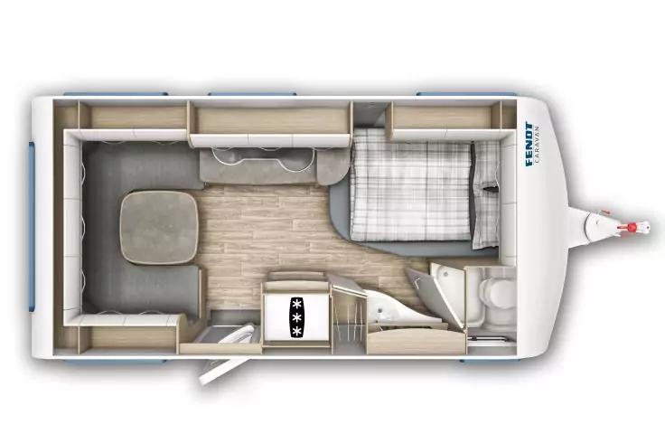 Top-Down-Grundriss eines Wohnwagens: Sitzgruppe links, Küche in der Mitte, Bett rechts, Bad vorne rechts, Eingang unten