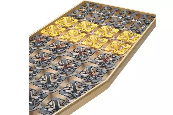 Rechteckiger Kern mit Reihen runder, sternförmiger Module, einige gelb, andere grau, in beigem Rahmen