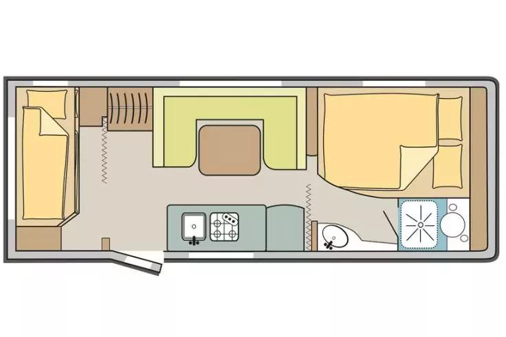 Grundriss eines schmalen Innenraums mit zwei Betten (rechts Doppelbett, links Einzelbett), mittiger Sitzgruppe mit Tisch, Küchenzeile mit Spüle und Herd, Bad mit Toilette und Dusche, Eingang links unten