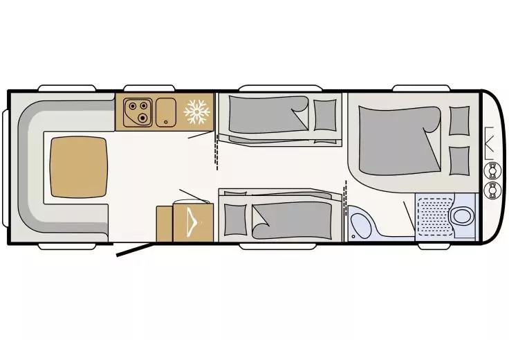 Draufsicht eines Grundrisses: links U-förmige Sitzgruppe mit Tisch, daneben Küchenzeile mit Kochfeld, Spüle und Kühlschrank (Schneeflockensymbol), mittig zwei einzelne Längsbetten, rechts Doppelbett, vorn Badezimmer mit Dusche und WC, Seiteneingangst