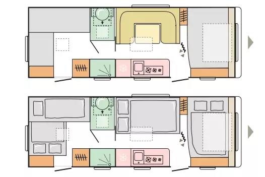 Zwei schematische Grundrisse nebeneinander mit Betten, Sitzbank, Küche, Bad und Schränken