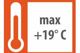Orangenes Quadrat mit wei&szlig;er Innenfl&auml;che, links wei&szlig;es Thermometer-Symbol auf orange, rechts Text 'max +19&deg; C'