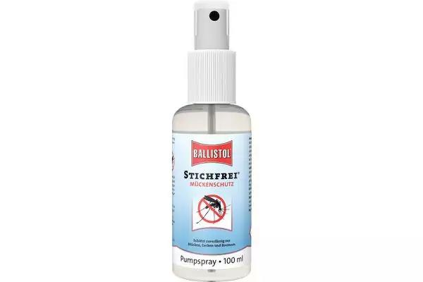 Weißer Pumpspray-Flakon mit Etikett 'Ballistol' und 'STICHFREI', darauf ein durchgestrichenes Mückensymbol und 'Pumpspray • 100 ml'