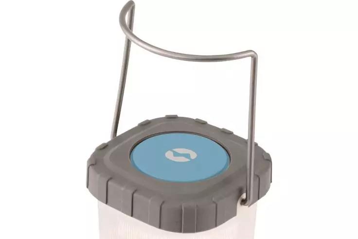 graues rundes Oberteil mit blauem Kreis in der Mitte, silberner Metallb&uuml;gel, wei&szlig;er durchscheinender zylindrischer K&ouml;rper