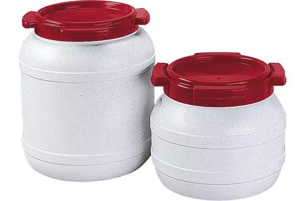 Zwei wei&szlig;e zylindrische Beh&auml;lter mit roten Deckeln und seitlichen Griffen, einer gr&ouml;&szlig;er als der andere