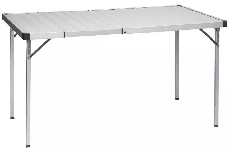 Rechteckiger Tisch mit weißer Lamellen-Tischplatte, Metallrahmen, vier Metallbeinen und zwei sichtbaren Verstrebungen unter der Platte