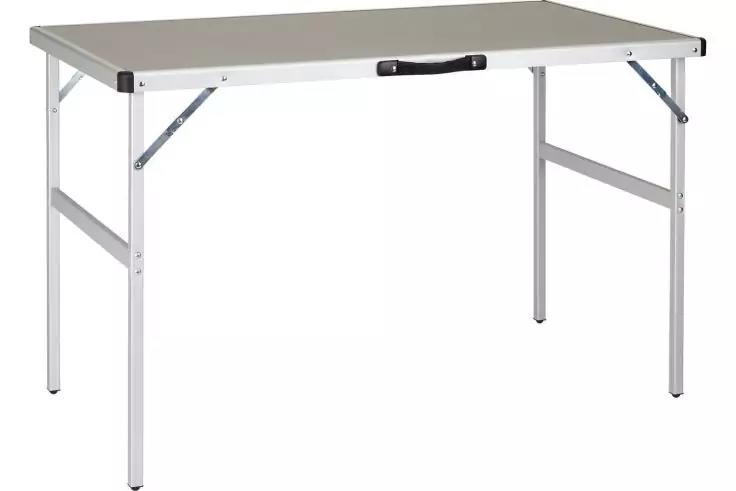 Rechteckiger Tisch mit hellgrauer Platte, silbernen Metallbeinen, Klappbeschlägen und schwarzem Griff an der Kante