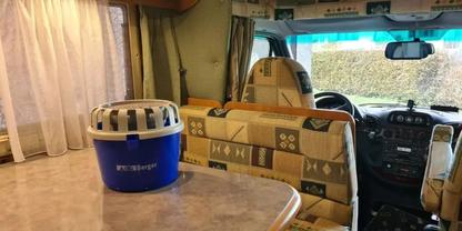 Innenraum eines Wohnmobils: Tisch mit blau-wei&szlig;em Kunststoffeimer, gemusterte Sitzbank, Fahrerplatz mit Lenkrad und Armaturen, wei&szlig;e Vorh&auml;nge