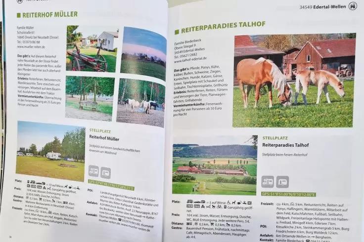 Aufgeschlagene Brosch&uuml;re: linke Seite mit mehreren kleinen Fotos und Textspalten, rechte Seite mit gro&szlig;em Foto zweier Pferde auf gr&uuml;ner Wiese vor einem roten Geb&auml;ude mit Satteldach und darunter ein kleineres Landschaftsfoto