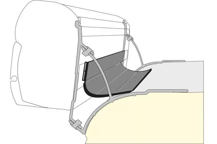 Seitenansicht eines Fahrzeugsitzes mit beigem Sitzpolster und einer dunkelgrauen, gebogenen Platte, die mit zwei hellgrauen Gurten an einer Kopfst&uuml;tze befestigt ist; schwarzes rechteckiges Element hinter der Platte