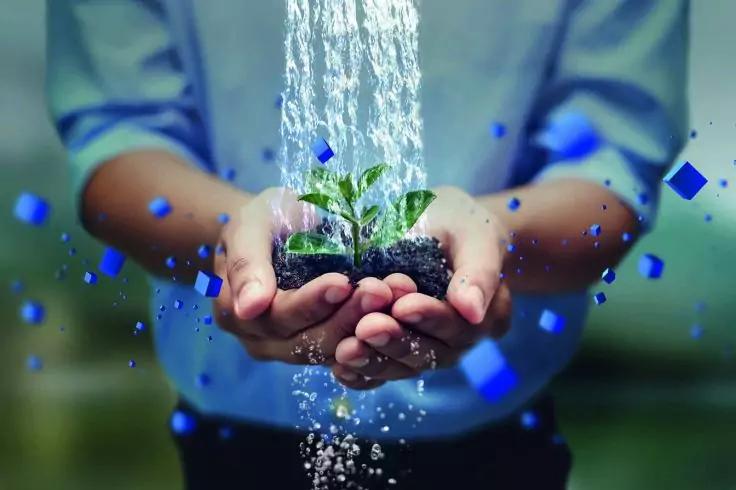 Zwei gekeuzte Hände halten Erde mit einer kleinen grünen Pflanze; Wasser fällt von oben auf die Pflanze; blaue quadratische Partikel schweben um die Pflanze; unscharfer Hintergrund, hellblaues Hemdärmel sichtbar