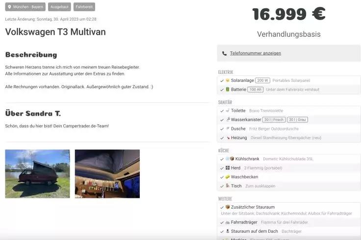 Screenshot einer Online-Anzeige mit Titel 'Volkswagen T3 Multivan', Preis '16.999 €' und zwei Bildern: Außenansicht eines dunklen Transporters von der Seite hinten und Innenraum mit aufgeklapptem Aufstelldach und Sitzbank