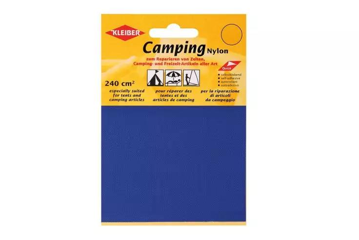 Emballage avec patch en nylon bleu, imprimé 'Camping', 'Kleiber' et '240 cm²'