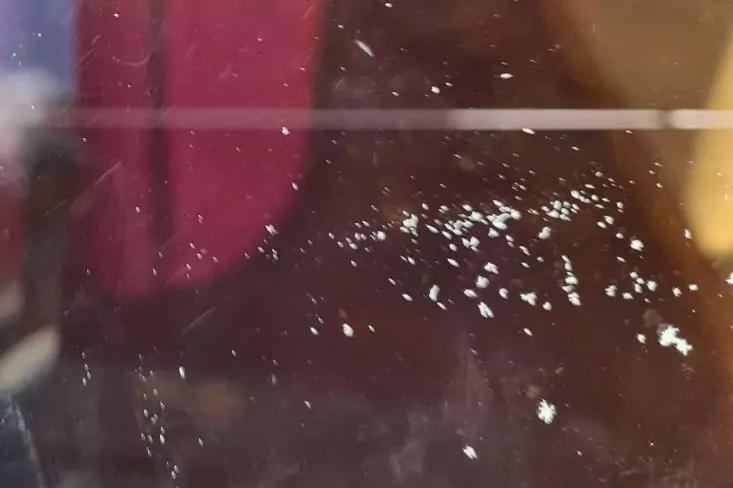 Kleine wei&szlig;e Partikel auf dunkler, leicht spiegelnder Fl&auml;che; unscharfer roter Bereich links und gelblicher Lichtfleck rechts