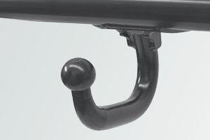 Schwarzer Metallhaken mit kugelförmigem Ende unter einer horizontalen Stange