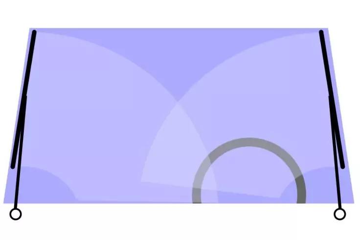 Blaue Windschutzscheibe mit Reflexen, zwei Scheibenwischer am linken und rechten Rand und teilweiser grauer Lenkradkreis unten rechts