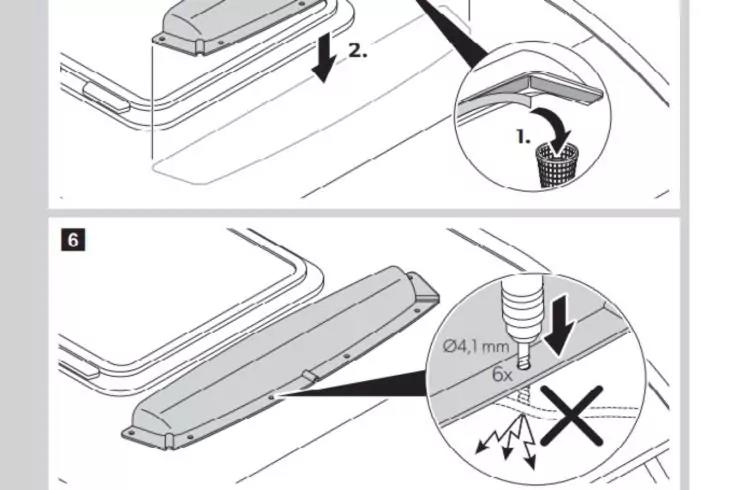 Schwarz-wei&szlig;e Anleitung in zwei Bildern: oben eine lange Leiste wird in eine Nut gedr&uuml;ckt, runder Ausschnitt zeigt Einsatz eines Teils; unten die Leiste auf einer Oberfl&auml;che, Ausschnitt zeigt Schraube mit Beschriftung '&Oslash;4,1 mm 6x' und ein durchgestri