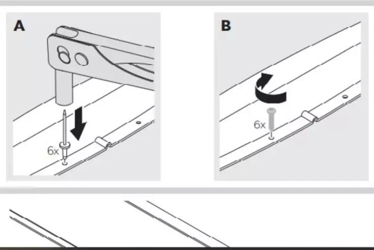 Oben links: Werkzeug mit Griff &uuml;ber einem senkrechten Stift mit Kopf, Abw&auml;rtspfeil, Beschriftung '6x'. Oben rechts: gebogener Pfeil &uuml;ber einem senkrechten Stift mit Kopf, Beschriftung '6x'. Hintergrund: zwei parallele Leisten