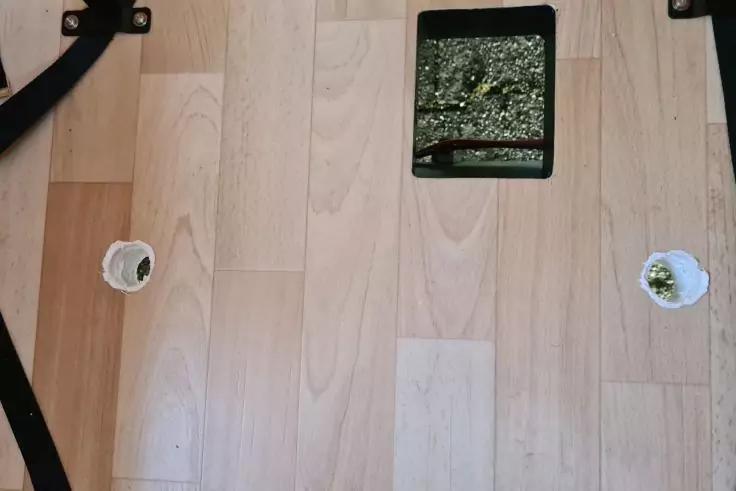 Heller Holzboden mit drei kleinen Pflanzgef&auml;&szlig;en: zwei wei&szlig;e runde T&ouml;pfe unten links und rechts, ein quadratisches schwarzes Gef&auml;&szlig; oben mittig; zwei schwarze Metallteile an den oberen Bildr&auml;ndern