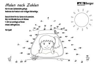 Schwarz-wei&szlig;e Punkt-zu-Punkt-Ausmalvorlage mit dem Titel 'Malen nach Zahlen', einem Kind, das durch eine runde &Ouml;ffnung schaut, nummerierten Punkten, einer Sonne oben rechts und einem 'Berger'-Logo