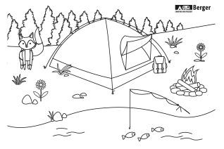 Zelt an einem Flussufer, links ein Fuchs, im Hintergrund Nadelb&auml;ume, rechts ein Lagerfeuer mit Steinen, Rucksack neben dem Zelt, Angelschnur ins Wasser mit Fischen, Blumen und Gras