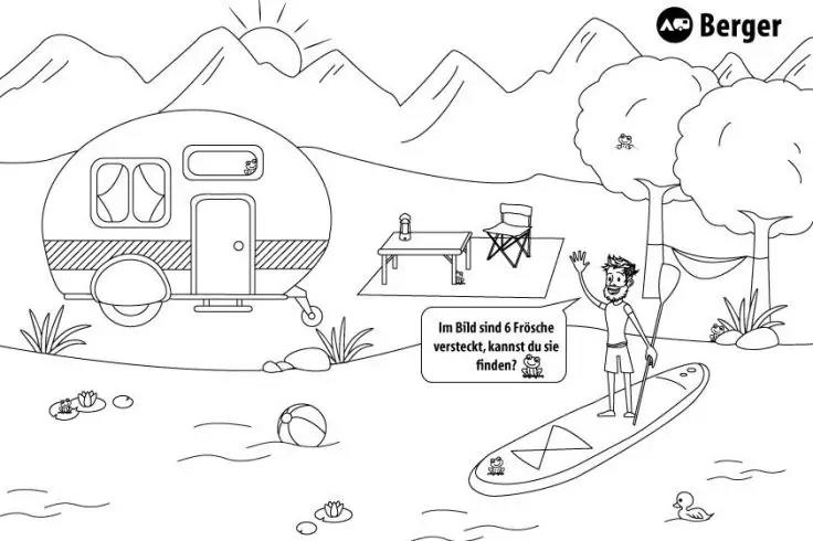 Wohnwagen auf Gras vor Bergen und Sonne, Picknicktisch und Stuhl, Baum, Person auf Stand-up-Paddle-Board h&auml;lt eine Froschfigur, Sprechblase "Im Bild sind 6 Fr&ouml;sche versteckt, kannst du sie finden?", Ufer mit Ball, mehrere kleine Fr&ouml;sche, Berger-Logo