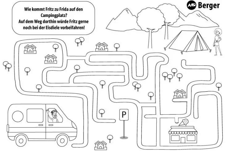 Schwarz-wei&szlig;-Zeichnung eines verschlungenen Weges von links unten nach rechts oben; Wohnmobil links unten mit Fahrer, mehrere kleine H&auml;user, B&auml;ume, Park-Schild 'P', Zelt und Berge rechts oben, Eisdiele rechts unten, Sprechblase mit deutschem Text und