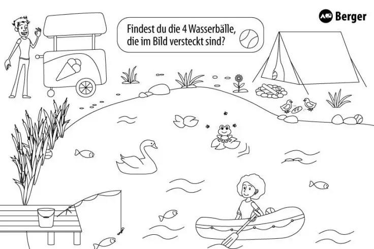 Schwarz-wei&szlig;e Zeichnung eines Sees mit Schilf, Seerosen und Fischen; ein Schwan und ein Frosch auf einem Schwimmring; ein Kind in einem Schlauchboot mit Ruder; ein Steg mit Angelrute und Eimer; links ein Campingbus und eine stehende Person; rechts ei