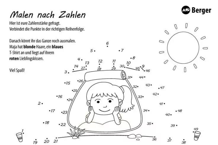 Seite mit der &Uuml;berschrift 'Malen nach Zahlen', mittig eine l&auml;chelnde Person mit Z&ouml;pfen in einem ovalen Rahmen, nummerierte Punkte um die Figur, Sonne oben rechts, zwei kleine Becher unten, Berger-Logo oben rechts