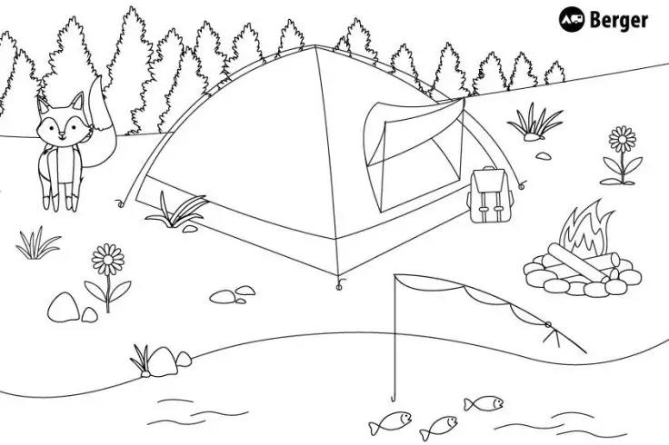 Zelt auf Gras vor Nadelb&auml;umen, Fuchs links, Rucksack neben dem Zelteingang, Lagerfeuer mit Steinen rechts, Angelrute am Ufer, Fische im Wasser, Blumen und kleine Steine