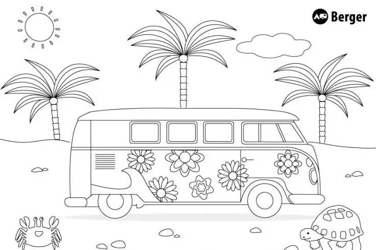 Schwarz-wei&szlig;e Zeichnung eines mit Blumen verzierten Busses, Palmen, Sonne, Wolke, Krebs, Schildkr&ouml;te und Steine