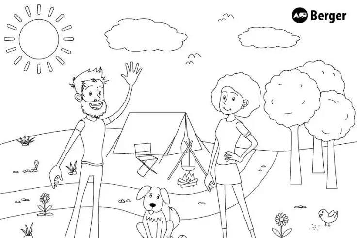 Mann und Frau stehen nebeneinander auf einer Wiese vor einem Zelt; ein Hund sitzt vor ihnen; Sonne, Wolken, V&ouml;gel, B&auml;ume, Blumen und ein gewundener Bach im Hintergrund; Berger-Logo oben rechts