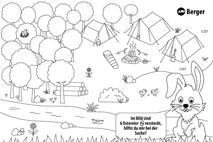 Schwarz-wei&szlig;-Illustration mit Fluss, B&auml;umen, Holzstapel, vier Zelten, Schlafsack, Lagerfeuer, Steinen, B&uuml;schen, Blumen, kleinen V&ouml;geln, Papierboot auf dem Wasser und gro&szlig;em Hasen im Vordergrund; oben rechts Logo 'Berger'; unten rechts deutscher Text: