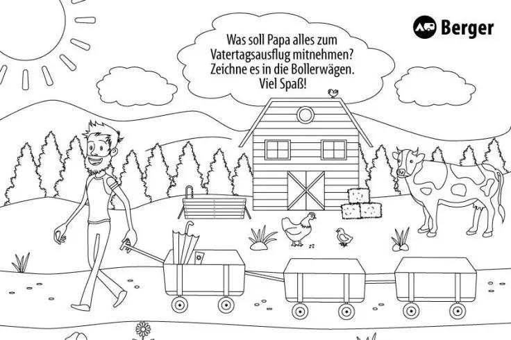 Schwarz-wei&szlig;e Malvorlage: ein Mann geht neben drei verbundenen Bollerwagen vor einer Scheune; Kuh, Huhn und K&uuml;ken, Heuballen, B&auml;ume, H&uuml;gel, Sonne, Wolken; Sprechblase mit deutschem Text und Berger-Logo