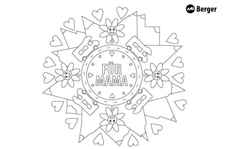 Schwarz-wei&szlig;e symmetrische Kreiszeichnung mit Blumen, Herzen und kleinen Haus-Symbolen; mittig ein Kreis mit dem Text 'F&Uuml;R MAMA'; Berger-Logo oben rechts