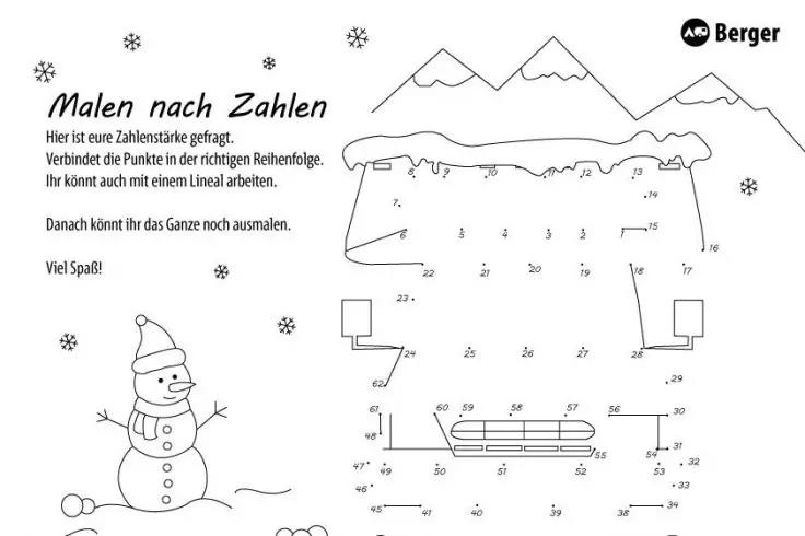 Schwarz-wei&szlig; Ausmal- und Punkt-zu-Punkt-Arbeitsblatt mit Zahlen, Bergen, Schneeflocken, Schneemann, Schlitten und deutschem Anleitungstext