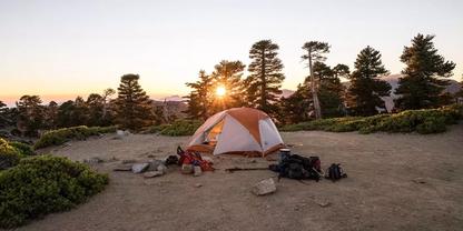 Oranges-wei&szlig;es Zelt auf trockenem Boden, Rucks&auml;cke und Ausr&uuml;stung davor, Sonnenaufgang hinter Kiefernb&auml;umen