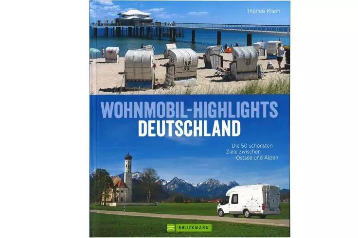 Buchcover mit zwei Fotos: oben Strand mit Strandk&ouml;rben und Pier, Mitte Schriftzug Wohnmobil-Highlights Deutschland, unten Wiese mit Wohnmobil, Kirchturm und Bergen
