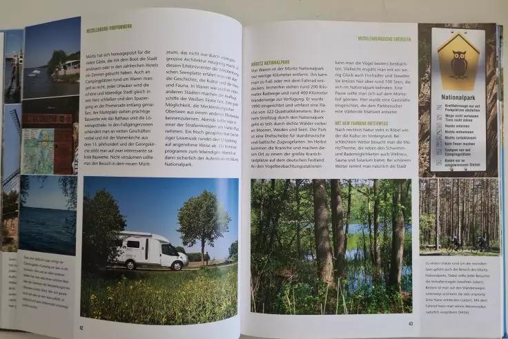 Aufgeschlagene Magazinseite mit Textspalten und mehreren Landschaftsfotos, darunter ein Wohnmobil auf einer Wiese sowie Wald- und Seeaufnahmen