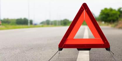 Rotes reflektierendes Dreieck mit Metallf&uuml;&szlig;en auf der Fahrbahn neben einer wei&szlig;en Mittellinie, unscharfer Hintergrund mit B&auml;umen