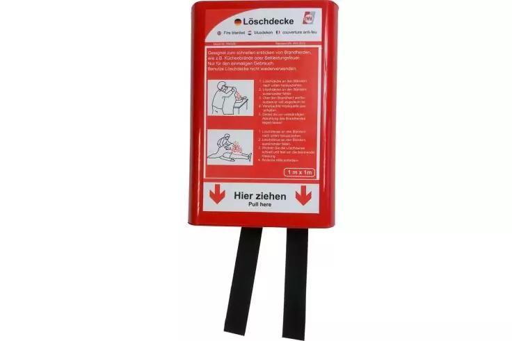 Roter rechteckiger Kasten mit wei&szlig;em Aufkleber, zwei Piktogrammen, dem Schriftzug "L&ouml;schdecke", zwei schwarzen herabh&auml;ngenden B&auml;ndern und zwei nach unten zeigenden Pfeilen