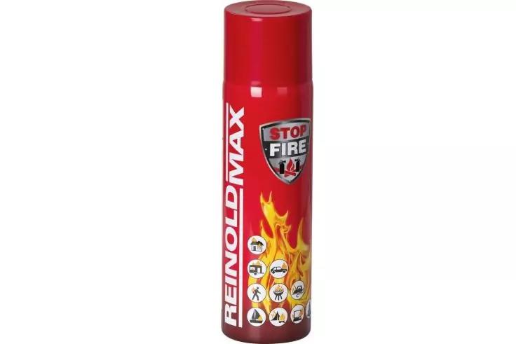 Rote Spraydose mit Flammenmotiv, 'STOP FIRE'-Wappen und mehreren Piktogrammen am unteren Rand