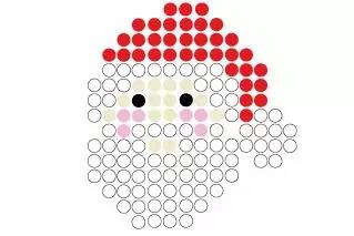 Gesicht aus kleinen farbigen Kreisen: roter Bereich oben (M&uuml;tze), wei&szlig;e Kreise unten als Bart, zwei schwarze Kreise als Augen, rosa Kreise als Wangen, ein wei&szlig;er Kreis rechts (Bommel)