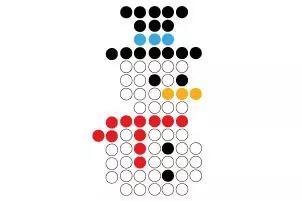 Schwarze Punkte oben, darunter zwei blaue Punkte; darunter schwarze Punkte. Wei&szlig;e Punkte bilden zwei gestapelte runde Bereiche. Ein schwarzer Punkt rechts oben im oberen wei&szlig;en Bereich, ein orange-gelber Punkt rechts mittig. Rote Punkte links mittig.
