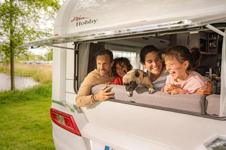 Zwei Erwachsene, zwei Kinder und ein Hund blicken aus dem Heckfenster eines Wohnmobils; Wiese und Wasser im Hintergrund