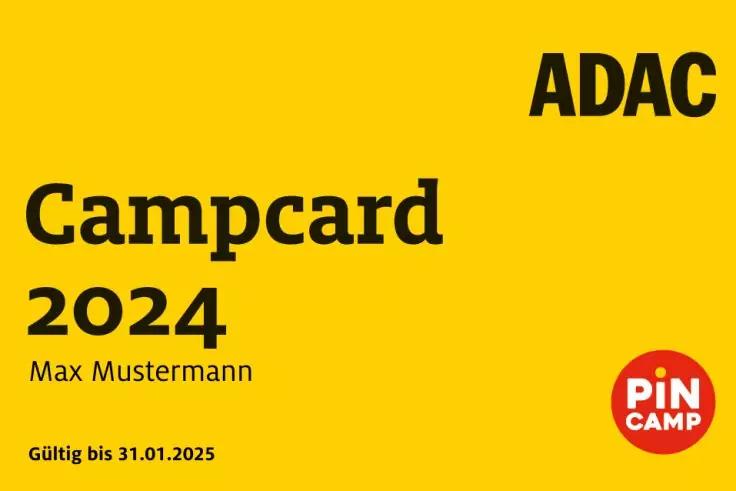 Gelbe Karte mit 'ADAC' oben rechts, gro&szlig;em Text 'Campcard 2024', darunter 'Max Mustermann', unten links 'G&uuml;ltig bis 31.01.2025', unten rechts rotes 'PiN CAMP'-Logo