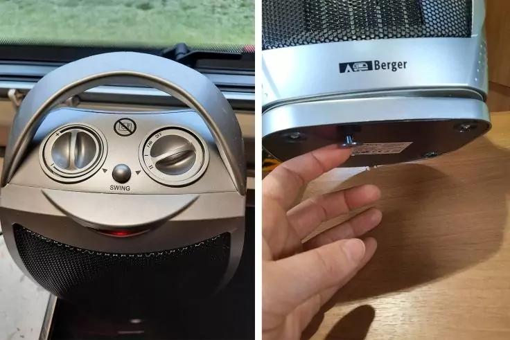 Zweiteiliges Bild: silbernes Ger&auml;t mit zwei Rundreglern und L&uuml;ftung; rechts Hand h&auml;lt Ger&auml;t mit sichtbarem Berger-Label