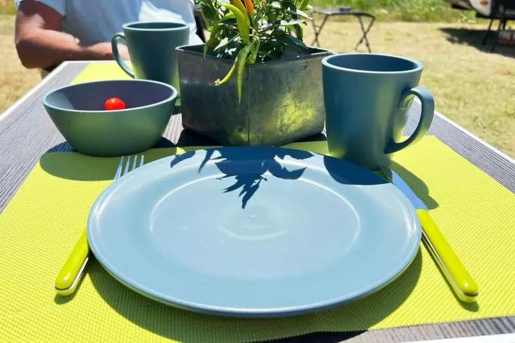 Blauer Teller, passende Tasse und Schale mit Kirschtomaten, gr&uuml;nes Besteck, rechteckige Metall-Pflanzschale mit Pflanze, Schatten der Pflanze auf dem Teller, gr&uuml;nes Platzset, im Hintergrund teilweise sichtbare Person