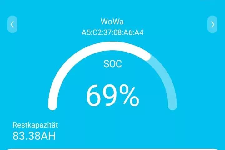 Blaues Display mit halbkreisf&ouml;rmigem Balken; mittig 'SOC' und '69%'; oben 'WoWa' und 'A5:C2:37:08:A6:A4'; links und rechts Pfeil-Symbole; unten links 'Restkapazit&auml;t 83.38AH'